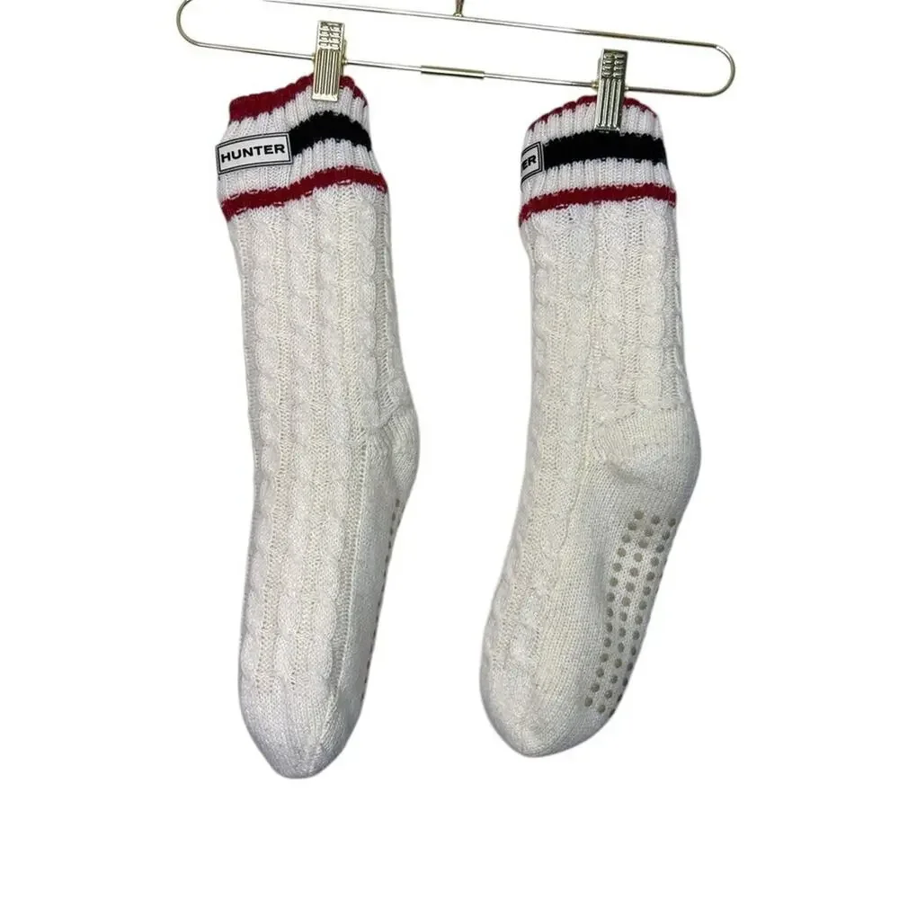 Hunter Womens Cable Knit Slipper Socks Cream Red Black Striped Grippers